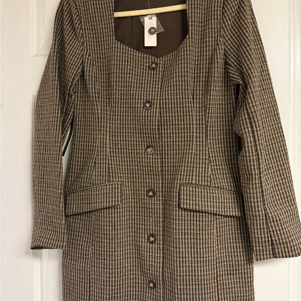 Anthropologie Brown Houndstooth Button-Up Dress mini dress